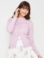 リブニットビジュー釦付きアンサンブル/ピンク