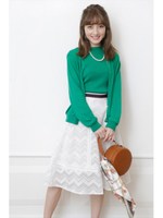 レースはぎ配色ベルトフレアスカート/ホワイト