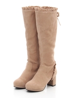 レースアップリボンフリルロングブーツ/ベージュ