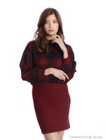 レース付きチェックニットワンピース/レッド