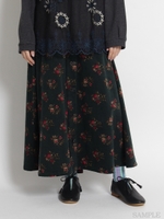 細コーデュロイクラシカルフラワープリントフレアスカート/グリーン