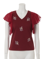 刺繍Vネック袖シフォンフリルテレコカットソープルオーバー/ボルドー