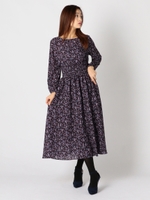 小花柄シャーリングワンピース/ブラウン