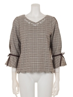 配色リボン付きスカラップブラウス/チャ