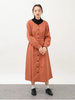 Vネック前開きワンピース /テラコッタ