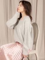 Vネック柄編みニットプルオーバー/ライトグレー