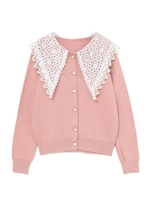 lace collar pearl button cardigan/ピンク