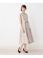 【42(LL)WEB限定サイズ】ベルト付きシャンタンフレアワンピ/ベージュ(052)