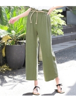 【CHILLE】 ウエストリボン付麻混ゆるパンツ/カーキ(014)