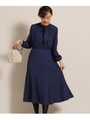 【Lサイズあり/美シルエット】ボウタイネック ミモレワンピース/ブルー(092)