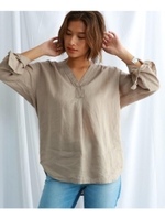 【ウォッシャブル】フレンチリネンVネックシャツ/ライトベージュ(051)