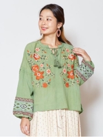【チャイハネ】花刺繍ボリュームスリーブトップス/カーキ