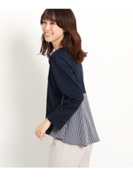 【洗える】ストライプ切替ポンチカットソー/ネイビー(093)