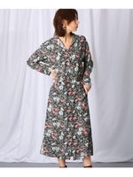 【洗える】フラワープリント シャツワンピース/ブラック(119)