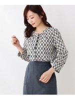 【大きいサイズあり・17号・19号】バンドカラーボウタイ調総柄プルブラウス/ダークグリーン(123)