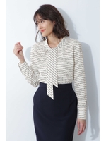 ◆［ウォッシャブル］幾何ボーダープリントブラウス/ブラック1(011)