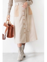 ◆フロント釦配色切替Aラインスカート/ライトベージュ×ベージュ1(041)