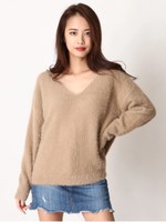 Ｖネックシャギーニットトップ/BEIGE