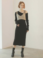 アシンメトリーニットロングワンピース/BLK