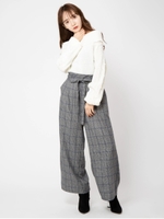 ウエストリボンチェックワイドパンツ/グレー