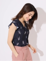 オリジナル花柄フリルスリーブブラウス/ネイビー