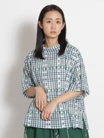 コットン先染めチェック×幾何学ダイヤジャカードハイネックブラウス/グリーン
