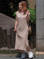 サイドボタンスリットワッフルワンピース/ベージュ