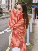 シースルーボーダー長袖ビッグシルエットパーカー/オレンジ