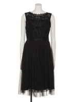 シアー刺繍レース切替チュールプリーツ加工ドレス/ブラック