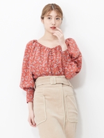 フラワープリントソデギャザーブラウス/レッド