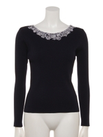 フラワー刺繍リブニットプルオーバー/ネイビーブルー