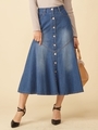 フロントボタンフレアデニムスカート/デニムブルー
