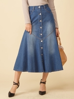 フロントボタンフレアデニムスカート/デニムブルー