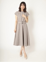 ベルト付きグレンチェックプチハイネックワンピース/ベージュ