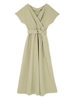 ベルト付カシュクールロングワンピース/ライトカーキ