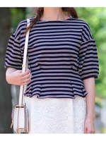 ボーダー柄ワッフルペプラムトップス/ネイビー