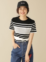 マルチボーダーTシャツ【思いきり洗えるニット】/ブラック