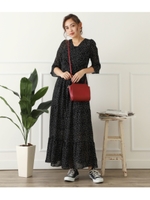 ランダムドット袖フリルワンピース/ブラック(027)