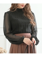 袖シフォン切替ケーブルニットトッ/ブラック(027)