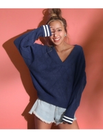 袖ラインオフショルニットトップス/ネイビー(018)