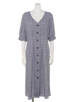 綿ローングレンチェックフロント釦ワンピース/チェックブラック