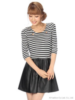 【Tralala】ボーダーx合皮ドッキングワンピース