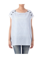 肩ボタン付きボーダーボートネックブラウス