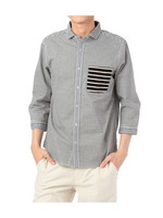 配色ポケットボーダー七分袖シャツ