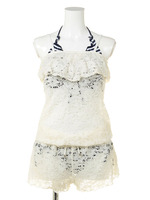 レースロンパース付きボーダービキニ 3点セット