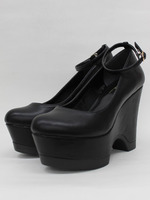 ワッフル&レザー厚底ウェッジストラップ付きパンプス