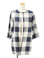 7分袖ブロックチェックノーカラーJK