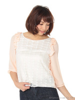 肩ラッフルリボン前身レース7分袖P/O