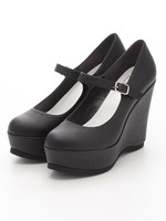 【R&E】ワンストラップハイウェッジパンプス/ブラック