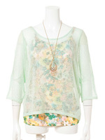 【セシルブック掲載】花柄キャミ付きドルマンカットソー/ライトグリーン